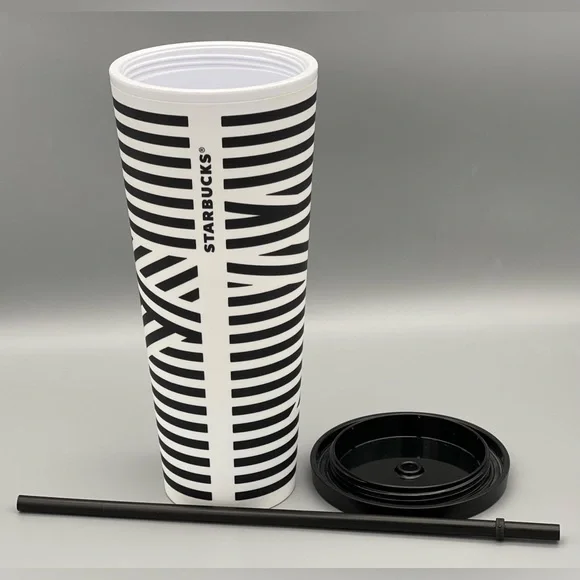 STARBUCKS Black & White ZEBRA STRIPE VENTI Cold Cup TUMBLER 24oz BLK Straw  USED